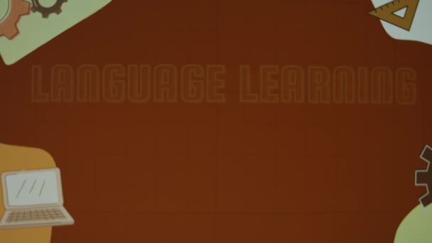 Inscripción Aprendizaje Idiomas Fondo Pizarra Marrón Con Ilustraciones Concepto Educativo — Vídeos de Stock