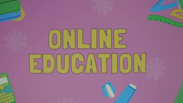 时间在线教育题词绿色和粉色背景与绘制的学习用品 教育概念 模糊的 — 图库视频影像