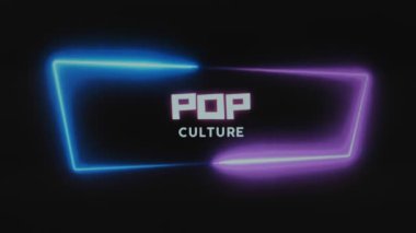 Siyah arka planda POP kültürü aydınlatma yazıları. Pembe ve mavi renkli dinamik neon çerçeveli grafik sunumu. Eğlence konsepti.