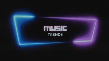 Müzik trendleri yazıtlar. Siyah arkaplanda pembe ve mavi renkli aydınlatma neon çerçeveli grafik sunumu. Eğlence konsepti.