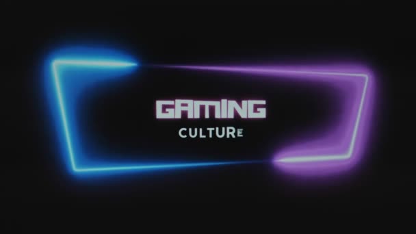 ゲーム文化の碑文 黒い背景にピンクとブルーの色の照明ネオンフレームを備えたグラフィックプレゼンテーション エンターテインメントコンセプト — ストック動画
