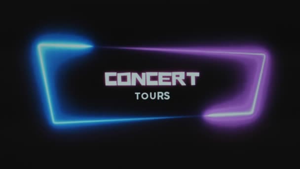在黑色背景上的音乐会巡演题词 图形演示与照明霓虹灯框粉红色和蓝色的颜色 娱乐概念 — 图库视频影像