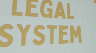 Beyaz arkaplanda yasal sistem yazıları var. İnsan yüzü çizimleri olan grafiksel bir sunum. Hukuki kavram.