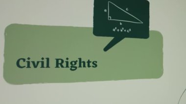 Yeşil arka planda insan hakları yazıları var. Bir filozofun resmedildiği grafiksel bir sunum. Hukuki kavram.