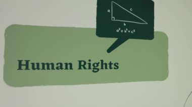 Yeşil arka planda insan hakları yazıları var. Resimli, düşünceli bir erkek figürünün grafiksel sunumu. Hukuki kavram.