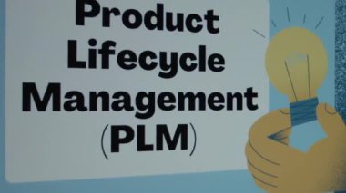 Ürün Lifecycle Management PLM yazıtları mavi arka planda. Yanan bir ampulü tutan çizilmiş bir elle grafiksel sunum. Üretim kavramı.