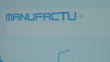 İmalat Teknolojileri mavi matematik kağıdına kazınmış. Resmedilmiş viteslerin grafiksel sunumu, ağırlık kaldırma vinci ve yel değirmeninin imalat sembolü olması. Üretim kavramı.