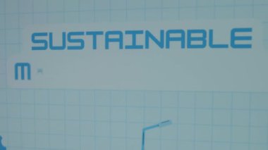 Mavi matematik sayfası arka planında sürdürülebilir İmalat Yazısı. Canlandırılmış viteslerin grafiksel sunumu, ağırlık vinç ve yel değirmeni kaldırma. Üretim kavramı.