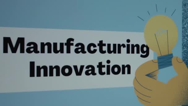 ブルーバックグラウンドのフレームで製造イノベーションの碑文 手元に燃える電球を描いたグラフィックプレゼンテーション 製造コンセプト — ストック動画