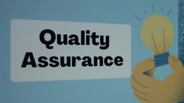 Beschriftung Der Qualitätssicherung Auf Blauem Hintergrund Grafische Präsentation Mit Zeichnung — Stockvideo