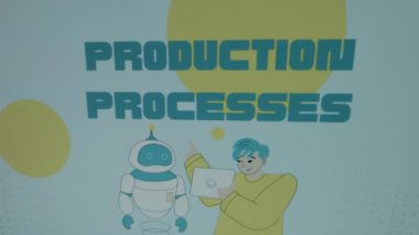 Üretim İşlemleri mavi arkaplandaki büyük sarı noktalı yazıyı işliyor. Bir robotla konuşan resimli genç adamın grafiksel sunumu. Üretim kavramı.