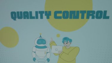 Mavi arka planda büyük sarı noktalı kalite kontrol yazıları var. Bir robotla konuşan resimli genç adamın grafiksel sunumu. Üretim kavramı.