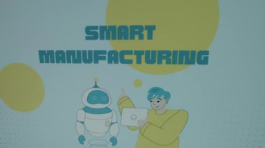 Mavi arka planda büyük sarı noktalı Akıllı İmalat yazıları. Robotla konuşan animasyon genç bilim adamının grafiksel sunumu. Üretim kavramı.
