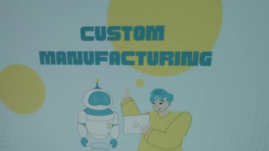 Büyük sarı noktalı mavi arkaplanda özel üretim yazıları. Gelişmekte olan teknolojilerin sembolü olarak bir robotla konuşan animasyon genç bilim adamının grafiksel sunumu. Üretim