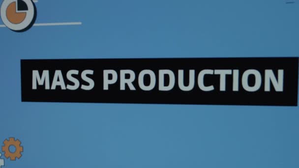 Massa Productie Inscriptie Zwart Frame Grafische Presentatie Met Geanimeerde Versnellingen — Stockvideo