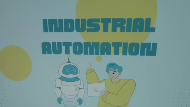 蓝色背景上有大黄点的工业自动化题词 图形演示与图解年轻人说话的机器人 制造业概念 — 图库视频影像