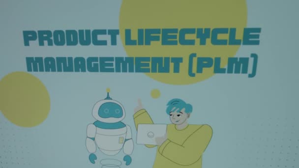 파란색 배경에 라이프 사이클 Plm 로봇에게 말하는 애니메이션 과학자와 그래픽 — 비디오