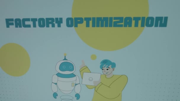 工厂优化题词蓝色背景与大黄点 动画年轻科学家和机器人说话的图像演示 制造业概念 — 图库视频影像