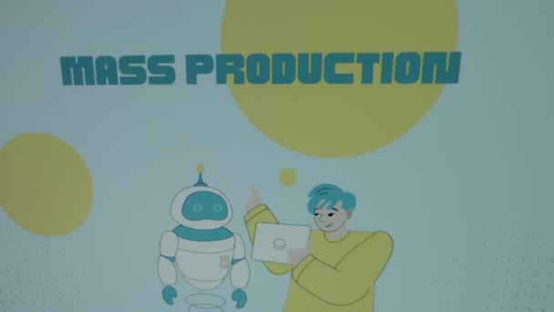 大きな黄色い点を持つ青い背景の大量生産の碑文 若手科学者によるグラフィックプレゼンテーションは ロボットに進歩する技術のシンボルとして話します 製造コンセプト — ストック動画