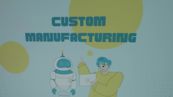 定制制造业在蓝色背景上的题词 带有大黄点 生动的年轻科学家与机器人对话的图形演示 作为技术进步的象征 制造业 — 图库视频影像