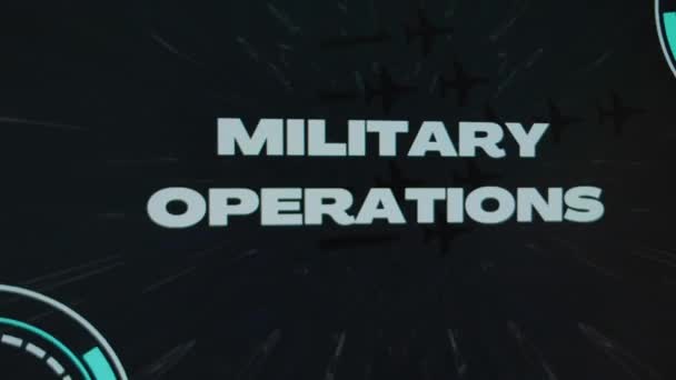 黑色背景上的军事行动题词 高速飞行 军用飞机和传感器的图形演示 军事概念 — 图库视频影像