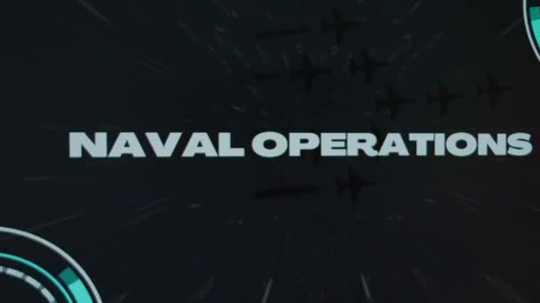 海军作战的题词在黑色背景上 恒星高速消失 图形演示与一组军用飞机飞行和主动传感器 军事概念 — 图库视频影像
