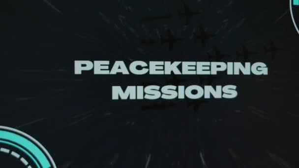 Misiones Mantenimiento Paz Inscripción Sobre Fondo Negro Con Estrellas Desapareciendo — Vídeo de stock