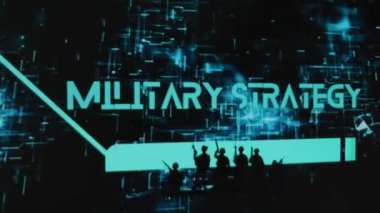 Hologramlı siyah arkaplan üzerine askeri strateji yazıtları. Silahlı askerlerin siluetlerini gösteren grafiksel bir sunum. Askeri kavram.
