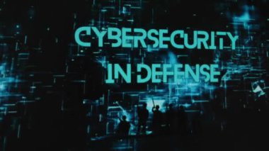Siber güvenlik, kara arkaplanda neon hologramlarla yazılıdır. Silahlı ve askeri teçhizatlı askerlerin siluetlerini gösteren grafiksel bir sunum. Askeri kavram.