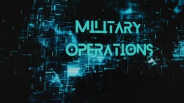 Siyah arka planda neon hologramlı askeri harekat yazıları. Silahlı ve askeri teçhizatlı askerlerin siluetlerini gösteren grafiksel bir sunum. Askeri kavram.