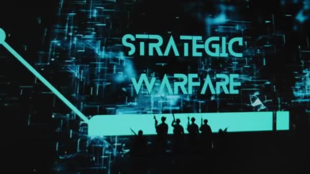 Stratejik Savaş Yazıtları Hologramlarla Siyah Arkaplan Üzerine Silahlı Askerlerin Siluetlerini — Stok video