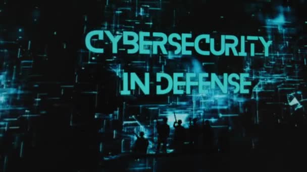 Cybersecurity Defensie Inscriptie Zwarte Achtergrond Met Neon Hologrammen Grafische Presentatie — Stockvideo