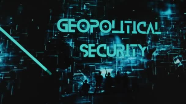 Inscrição Segurança Geopolítica Fundo Preto Com Hologramas Néon Apresentação Gráfica — Vídeo de Stock