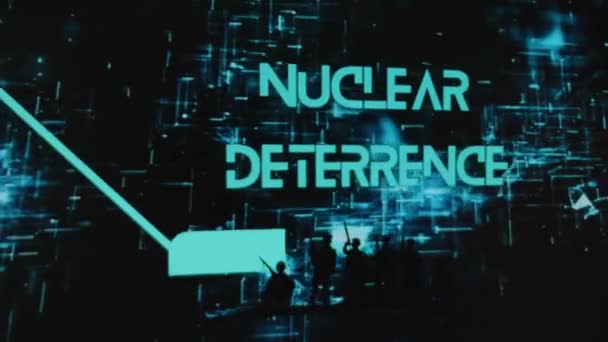 Надпись Ядерное Сдерживание Черном Фоне Неоновыми Голограммами Графическое Представление Силуэтами — стоковое видео