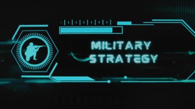 Siyah arka planda askeri strateji yazıları. Neon sensörlü grafiksel sunum ve silahlı askerin sembolü. Askeri kavram.