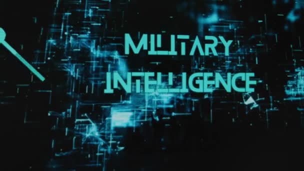 Militaire Inlichtingen Inscriptie Zwarte Achtergrond Met Neon Hologrammen Grafische Presentatie — Stockvideo