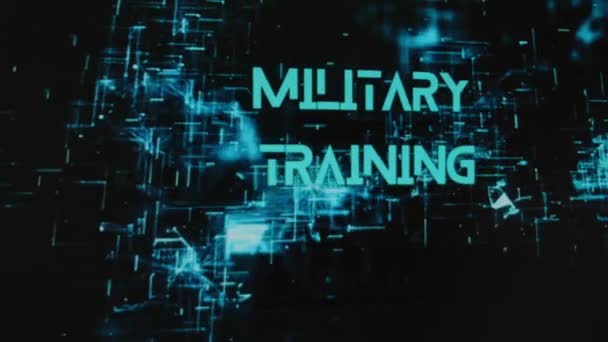Військовий Навчальний Напис Чорному Тлі Неоновими Голограмами Графічна Презентація Силуетами — стокове відео