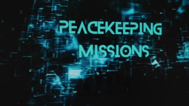 Peacekeeping Missions Inscription Black Background Neon Holograms Graphic Presentation Silhouettes — Stock Video