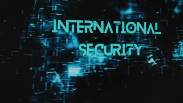 Neon Hologramlı Siyah Arkaplan Üzerine Uluslararası Güvenlik Yazıtları Silahlı Askerlerin — Stok video