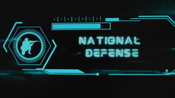 国防题词的黑色背景 带有霓虹灯感应器和带枪士兵符号的图形演示 军事概念 — 图库视频影像