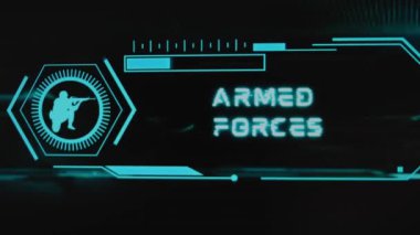 Siyah arka planda Silahlı Kuvvetler yazıları var. Neon sensörlü grafiksel sunum ve silahlı askerin sembolü. Askeri kavram.
