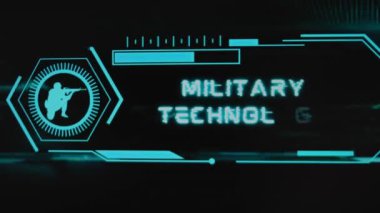 Siyah arka planda askeri teknoloji yazıları var. Neon sensörlü grafiksel sunum ve silahlı askerin sembolü. Askeri kavram.