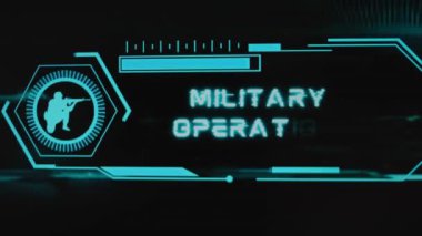 Siyah arka planda askeri operasyonlar yazılıydı. Neon sensörlü, ölçekli ve asker sembollü grafik sunumu. Askeri kavram.