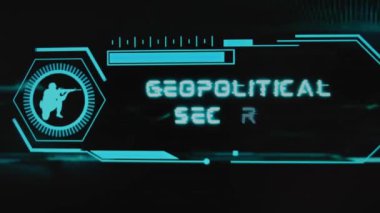 Siyah arka planda jeopolitik güvenlik yazıları var. Neon sensörlü, ölçekli ve asker sembollü grafik sunumu. Askeri kavram.