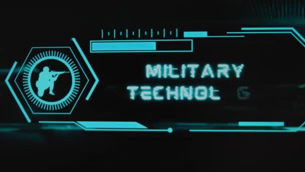 Militaire Technologie Inscriptie Zwarte Achtergrond Grafische Presentatie Met Neonsensoren Symbool — Stockvideo