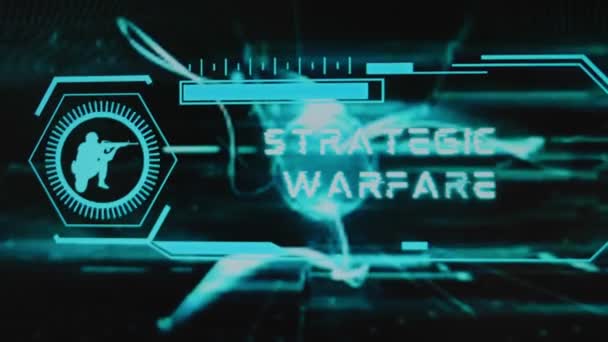 Strategisk Krigföring Inskription Svart Bakgrund Grafisk Presentation Med Neonsensorer Och — Stockvideo
