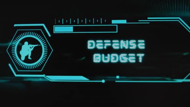 Védelmi Költségvetés Felirat Fekete Háttér Grafikus Bemutató Neonérzékelőkkel Méretarányos Jelképes — Stock videók