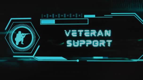 老兵支持在黑色背景上的题词 带有刻度和士兵标志的霓虹灯感应器的图形演示 军事概念 — 图库视频影像