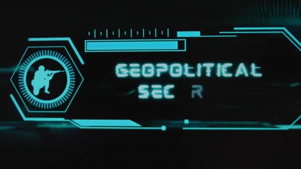 黒い背景の地政学的なセキュリティ碑文 兵士のスケールとシンボルを持つネオンセンサーによるグラフィックプレゼンテーション 軍事コンセプト — ストック動画
