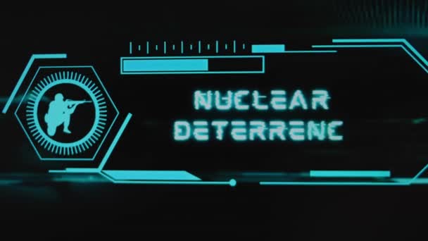 黑色背景上的核威慑题词 带有尺度的霓虹灯感应器和带枪士兵的轮廓的图形演示 军事概念 — 图库视频影像